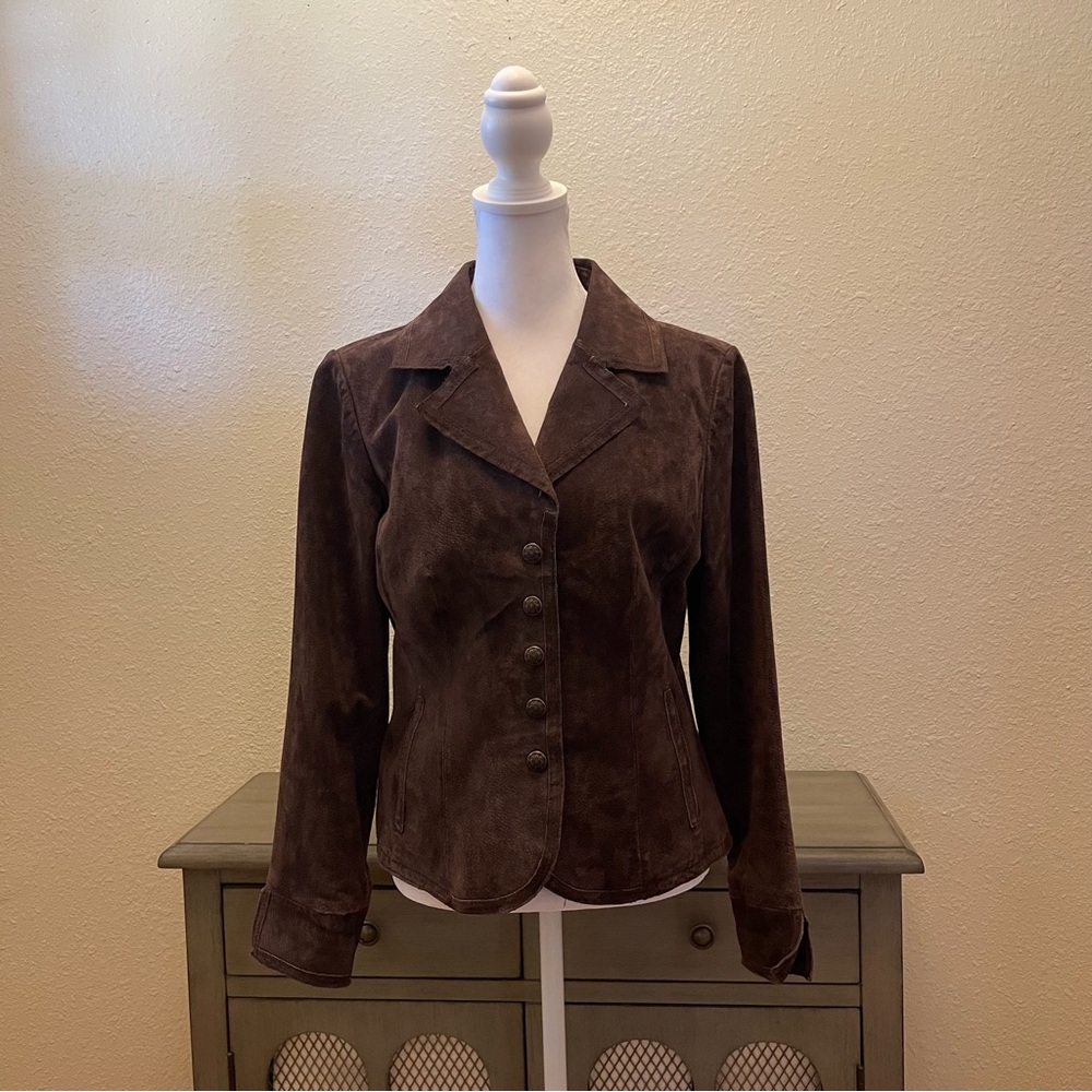 Live a Little Petite Brown Suede Leather Snap Closure Fitted Blazer Jacket PM